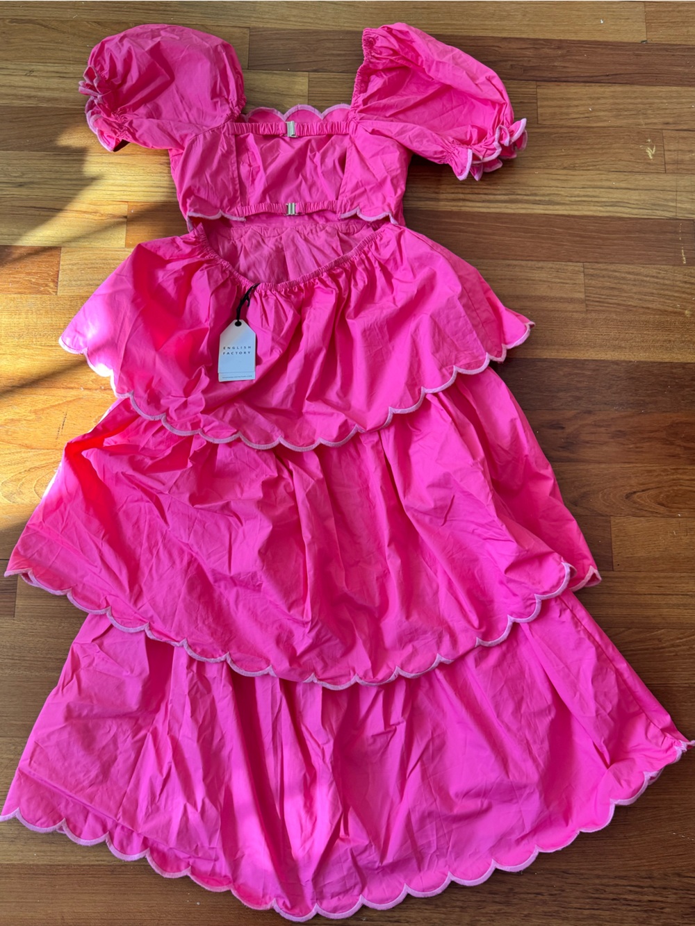 English Factory Hot Pink Tiered Midi Dress with Scalloped Trim - Picture 4 of 6